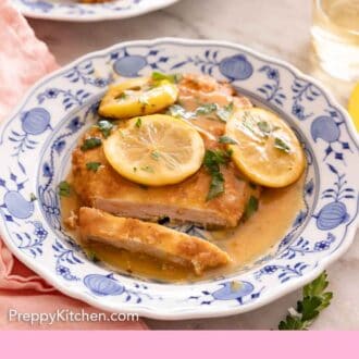 Pinterest graphic of a plate with chicken Francese with a piece cut.