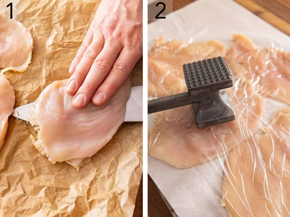 Set of two photos showing chicken breasts sliced in half and pounded thin.