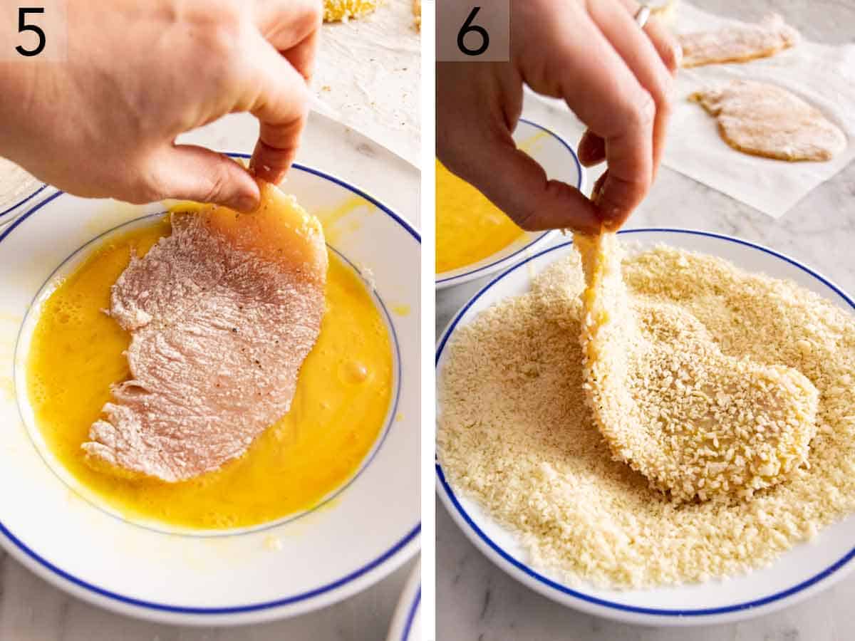 Set of two photos showing cutlets dipped in beaten egg and coated in panko.