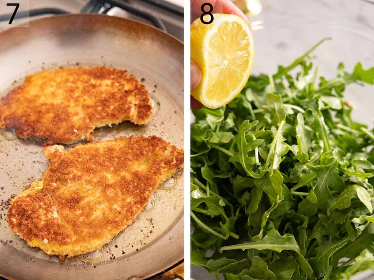 Set of two photos showing cutlets fried in a pan and arugula salad tossed together.