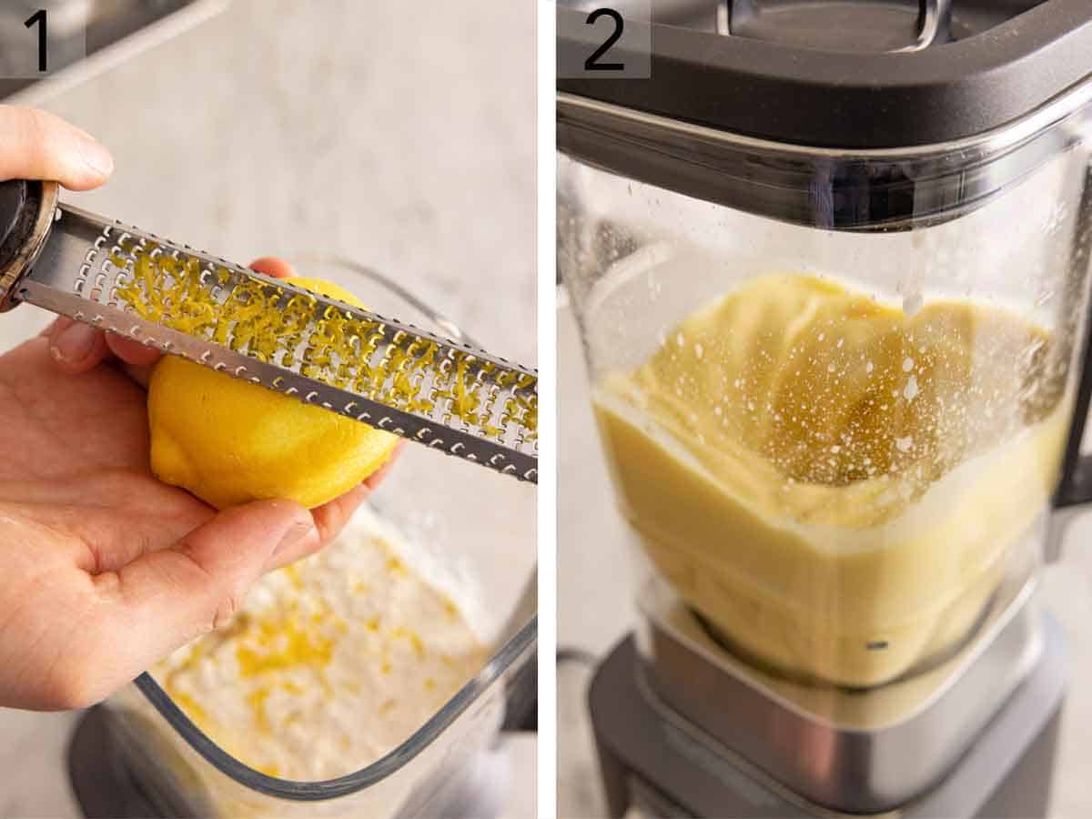 Set of two photos showing a lemon zested and batter blended in a blender.