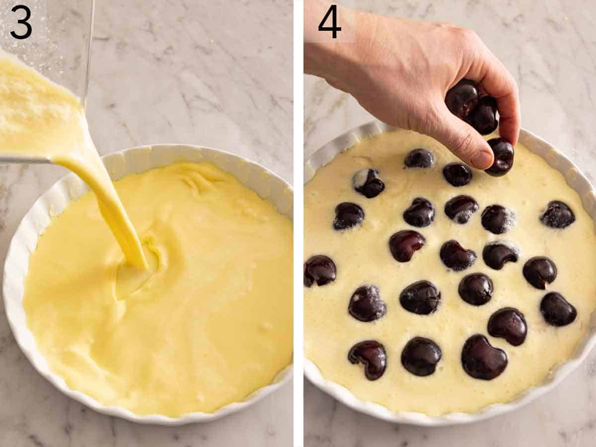 Set of two photos showing batter poured into a baking dish and cherries added.