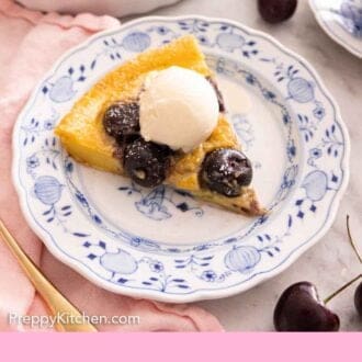 Pinterest graphic of a plate with a slice of clafoutis with a scoop of ice cream on top.