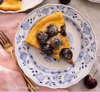 Pinterest graphic of a plate with a slice of clafoutis.