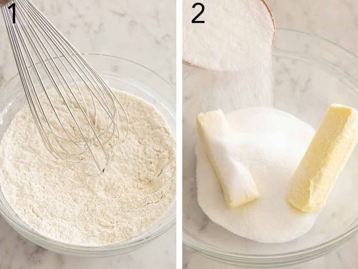 Set of two photos showing dry ingredients whisked and sugar added to butter.