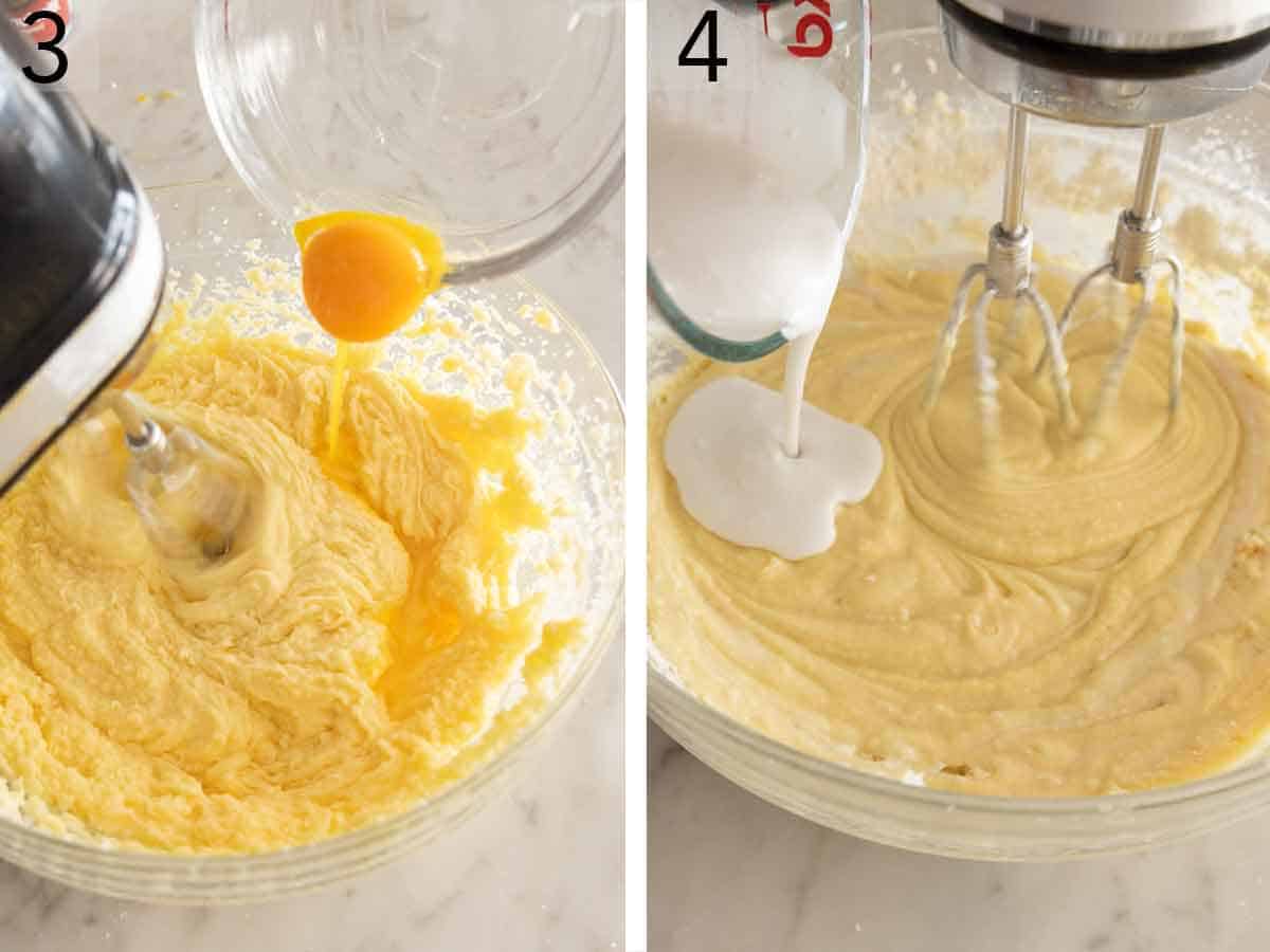 Set of two photos showing egg and coconut milk added to the batter.