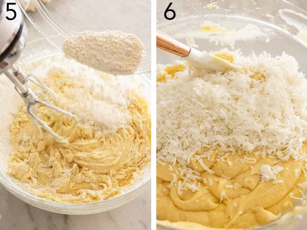 Set of two photos showing dry ingredients and coconut flakes added to the batter.