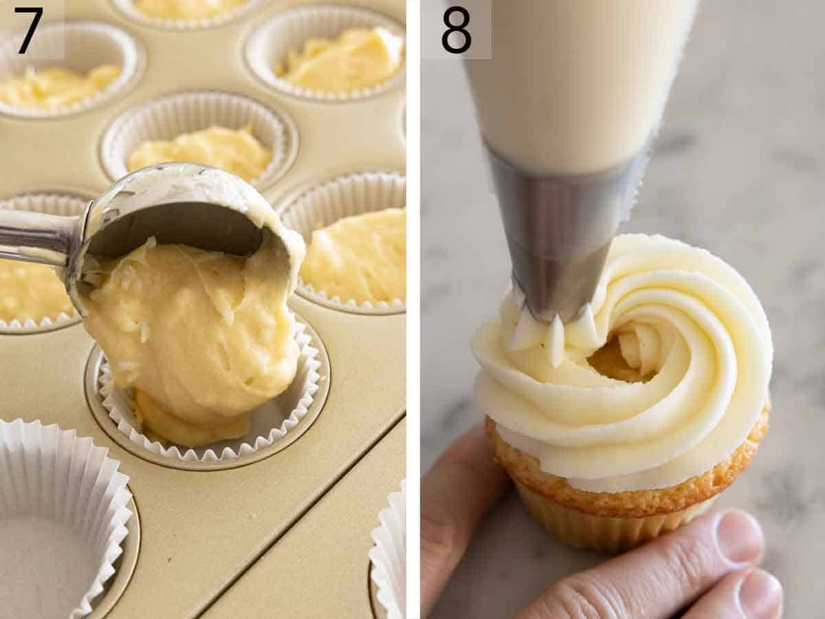 Set of two photos showing batter scooped into a muffin tin and then frosted after baked.
