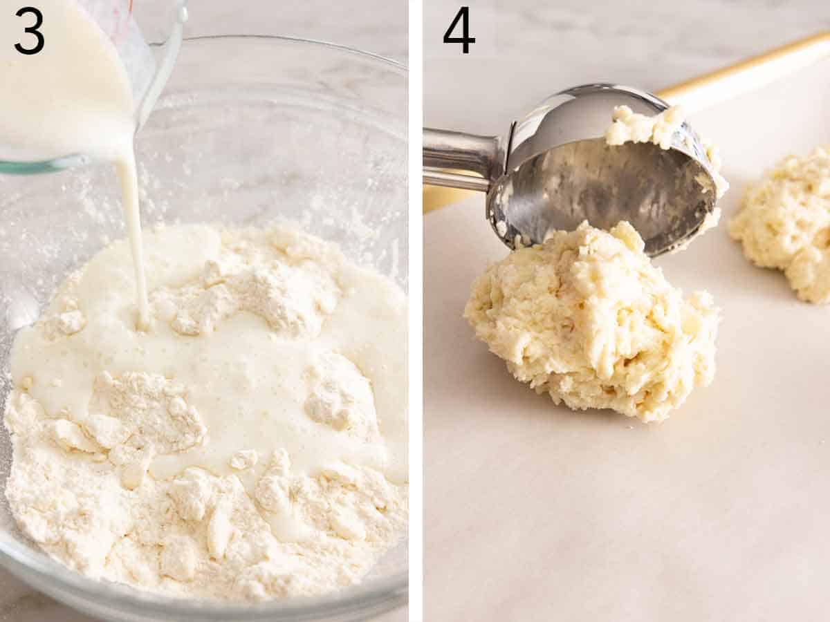 Set of two photos showing milk added to the bowl and batter scooped onto a sheet pan.