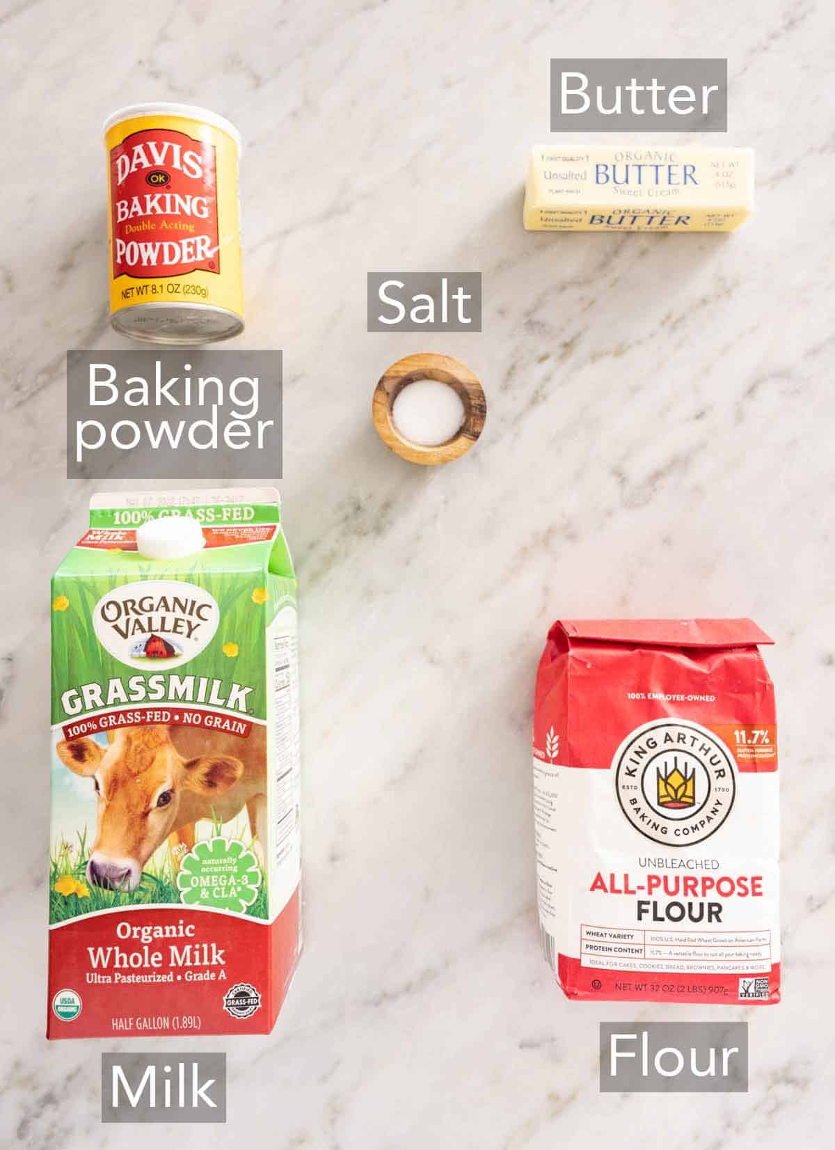 Ingredients needed to make drop biscuits.