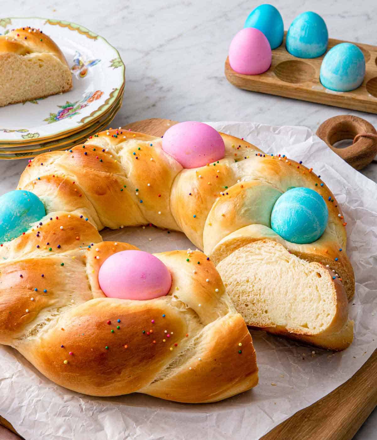 Easter bread with a slice cut and angled to show the inside crumb.