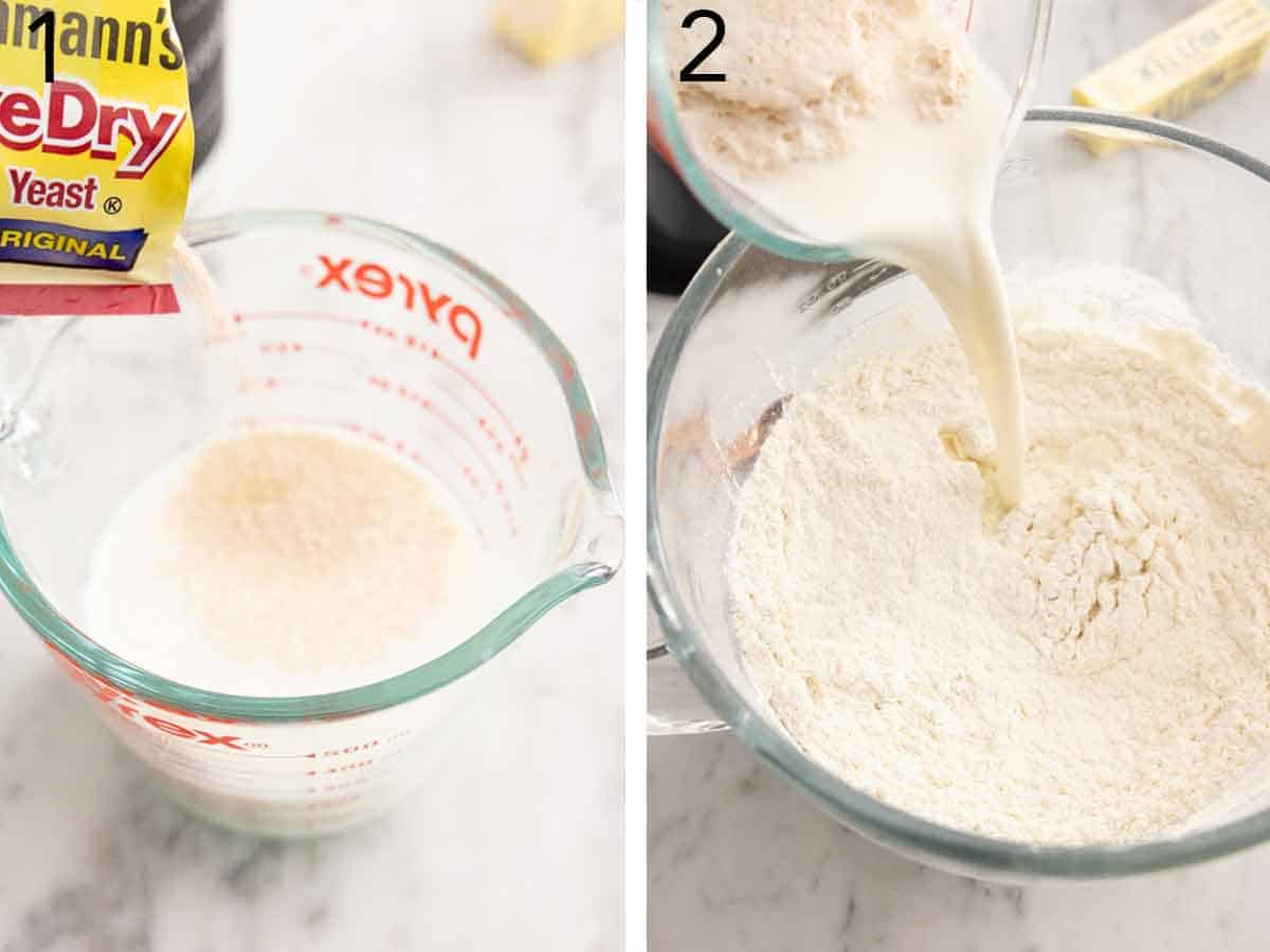 Set of two photos showing yeast activated and added to dry ingredients.