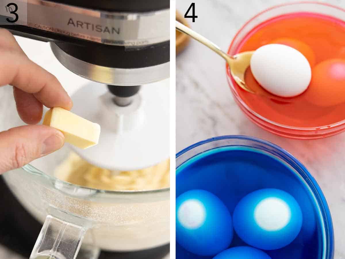 Set of two photos showing butter added to dough in a mixer and eggs dyed in food coloring.