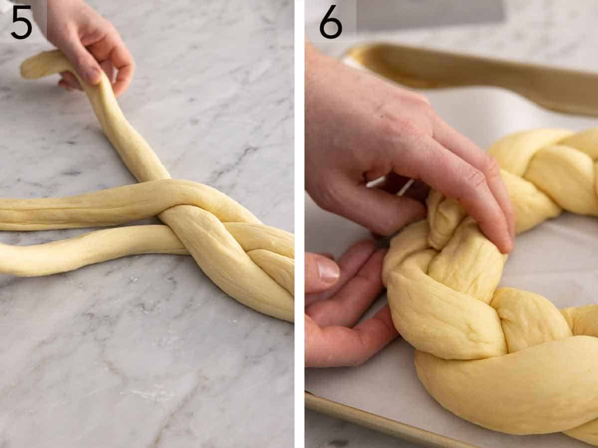 Set of two photos showing dough braided and shaped like a wreath.