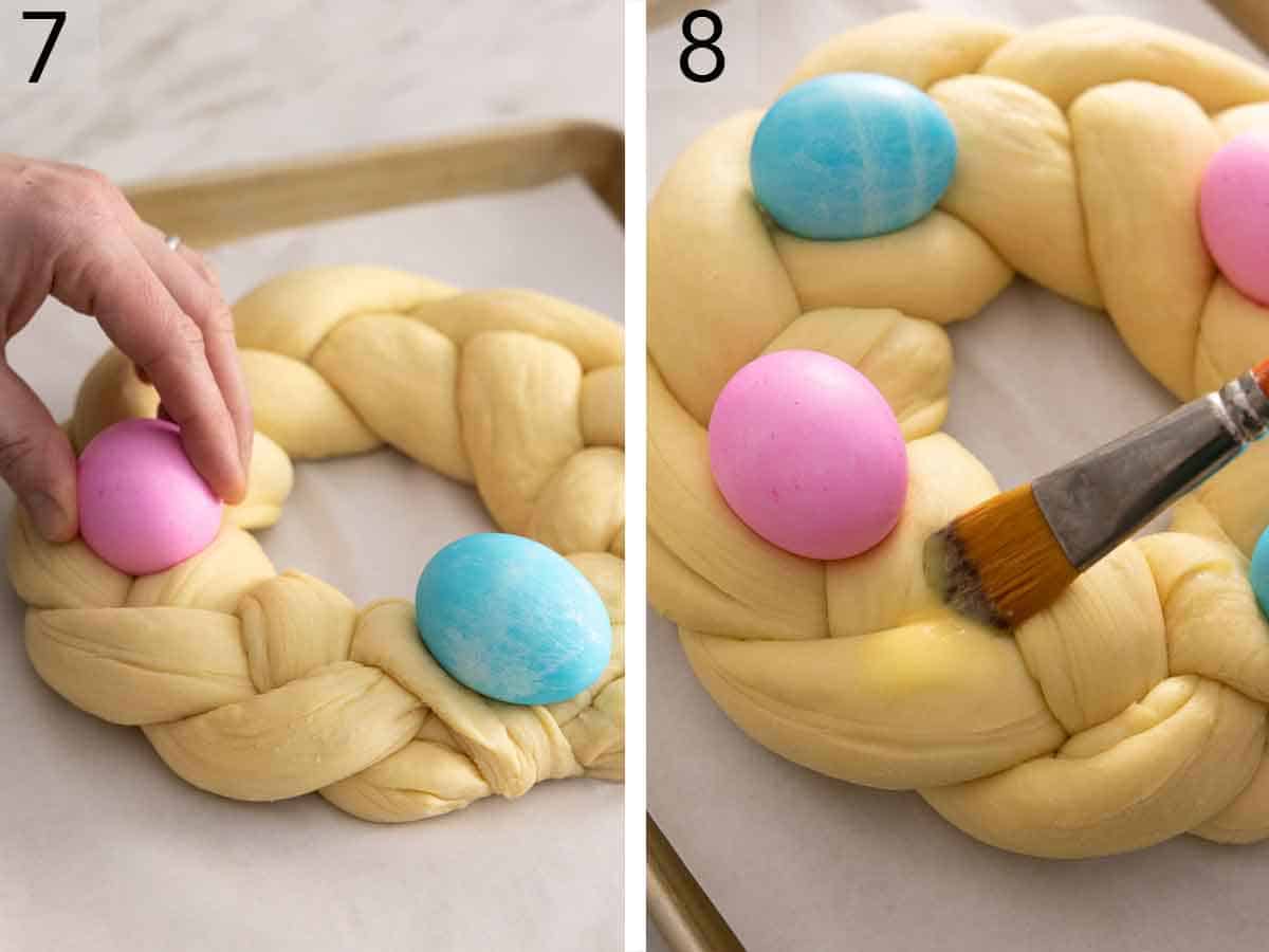 Set of two photos showing eggs added to the dough and dough brushed with egg wash.