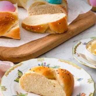 Pinterest graphic of a plate of a slice of Easter bread.