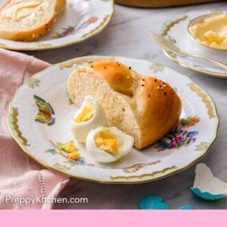 Pinterest graphic of a slice of Easter bread on a plate with a peeled hard boiled egg cut in half beside it.