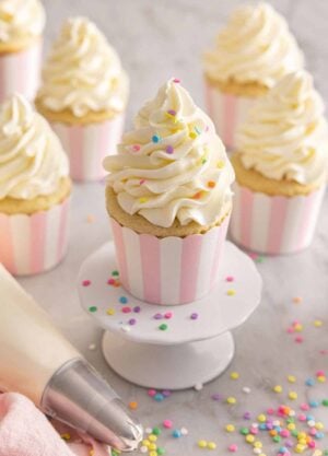 Multiple cupcakes with Italian buttercream piped on top with sprinkles.