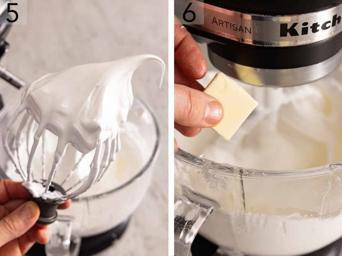 Set of two photos showing the whipped meringue and butter added to the mixer.