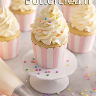 Pinterest graphic of a cupcake with Italian buttercream frosting in front of more cupcakes.
