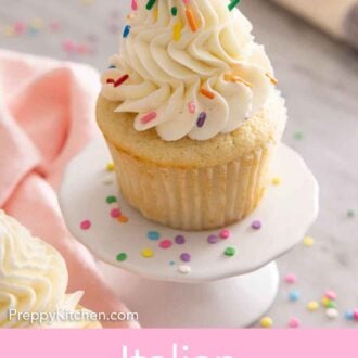 Pinterest graphic of a vanilla cupcake with Italian buttercream on top with sprinkles.