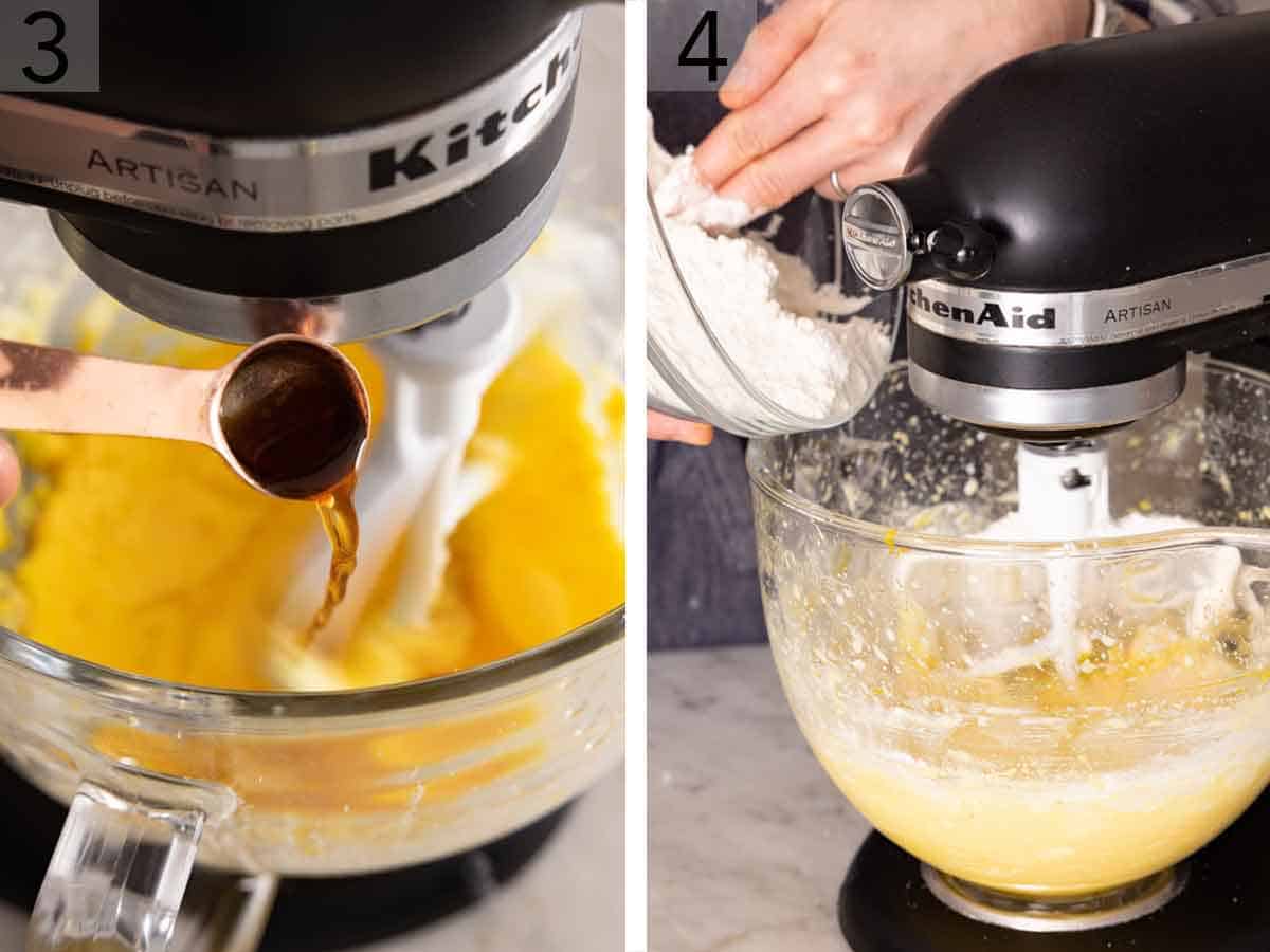 Set of two photos showing vanilla and dry ingredients added to a mixer.