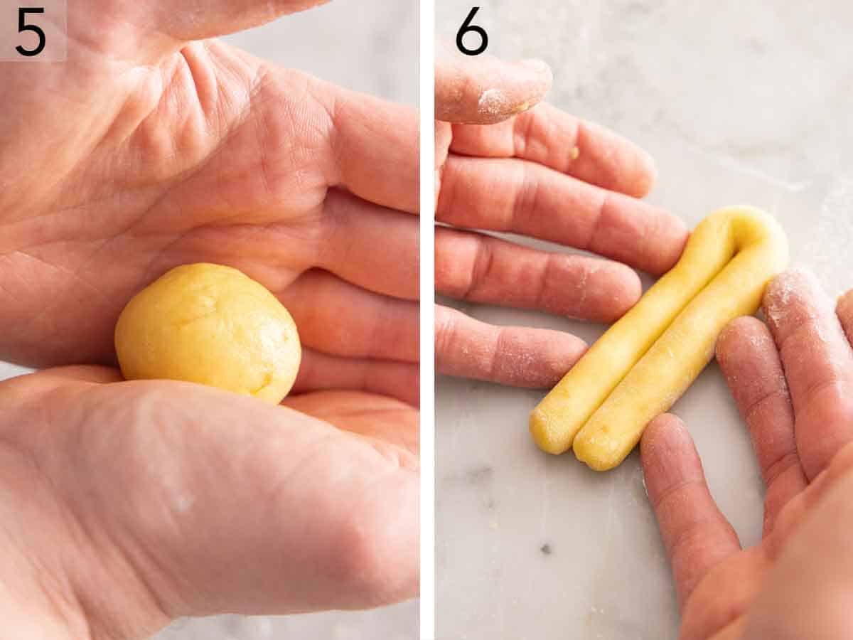 Set of two photos showing dough rolled and shaped.