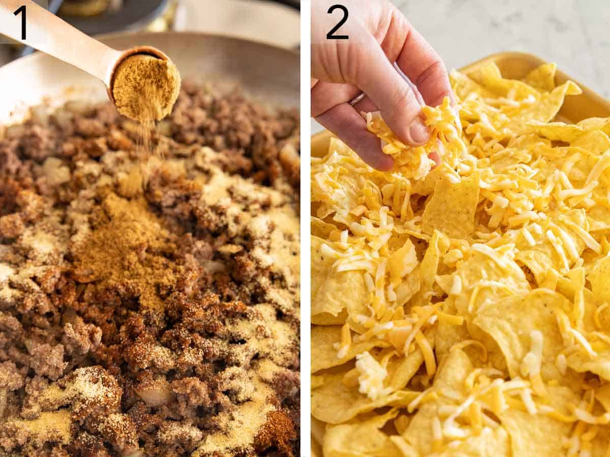 Set of two photos showing beef cooked in a skillet and cheese added to tortilla chips.