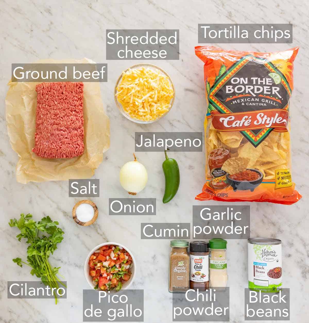 Ingredients needed to make nachos.