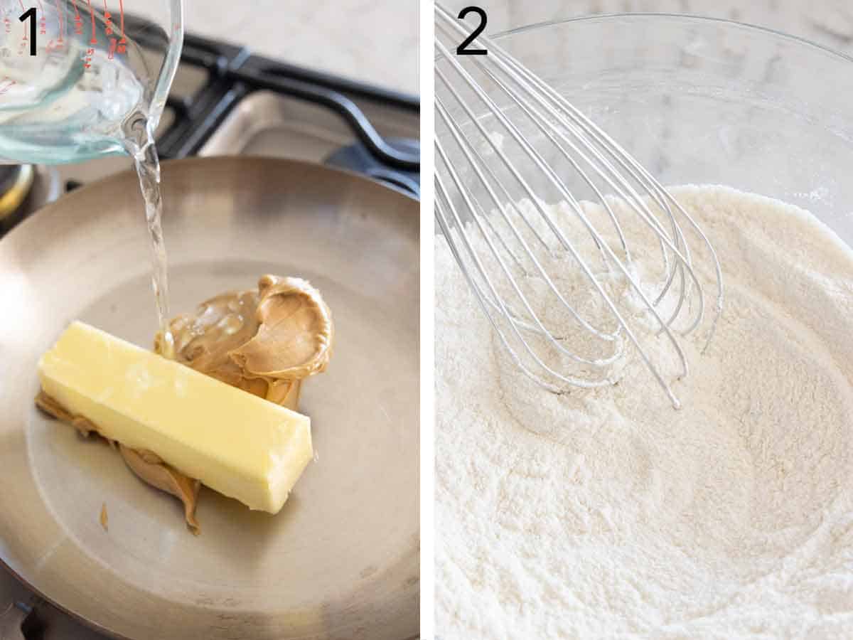 Set of two photos showing water added to a pan of peanut butter and butter. Second photo showing dry ingredients whisked.