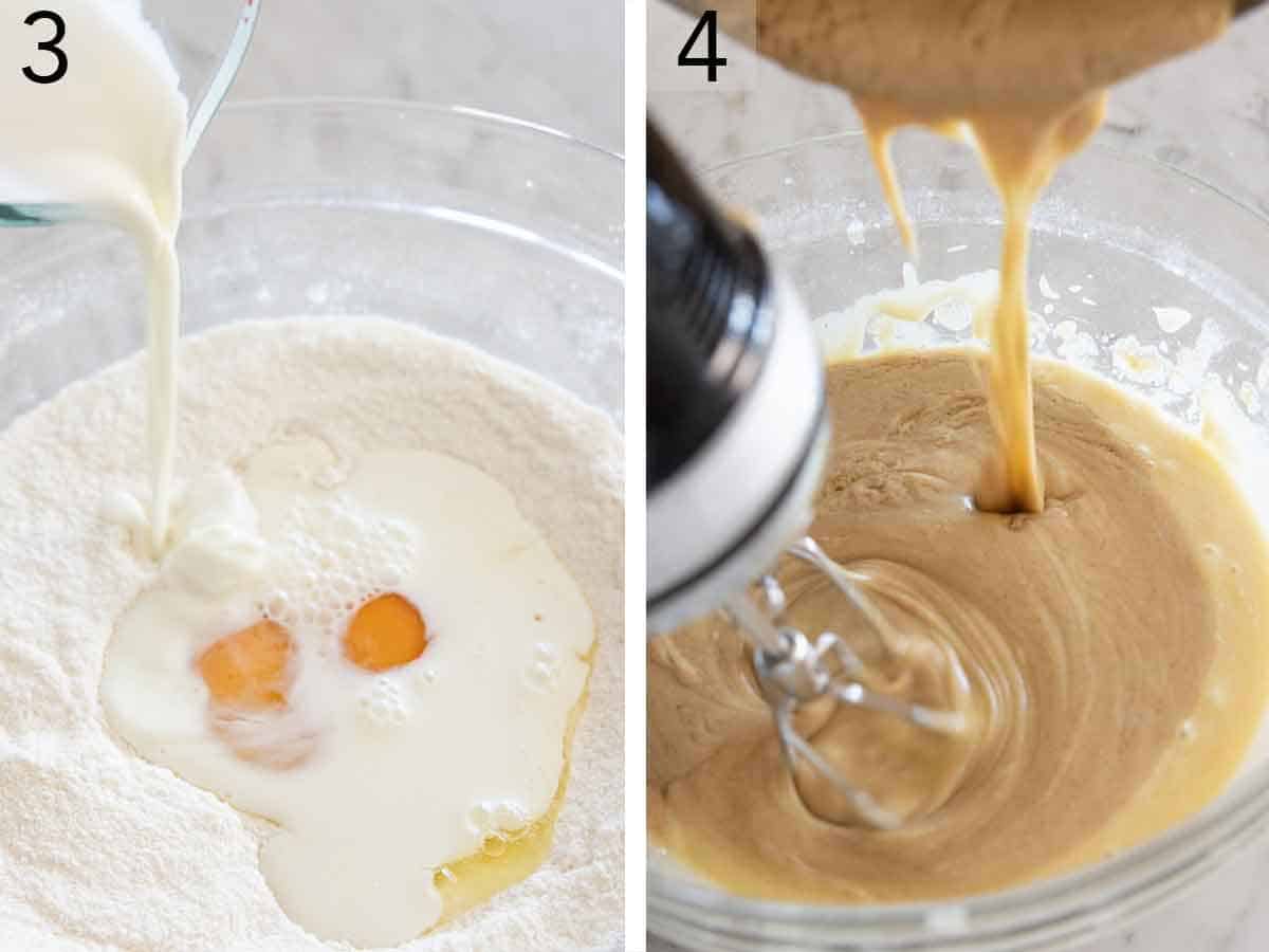Set of two photos showing wet ingredients added to dry ingredients and mixed with the peanut butter mixture.
