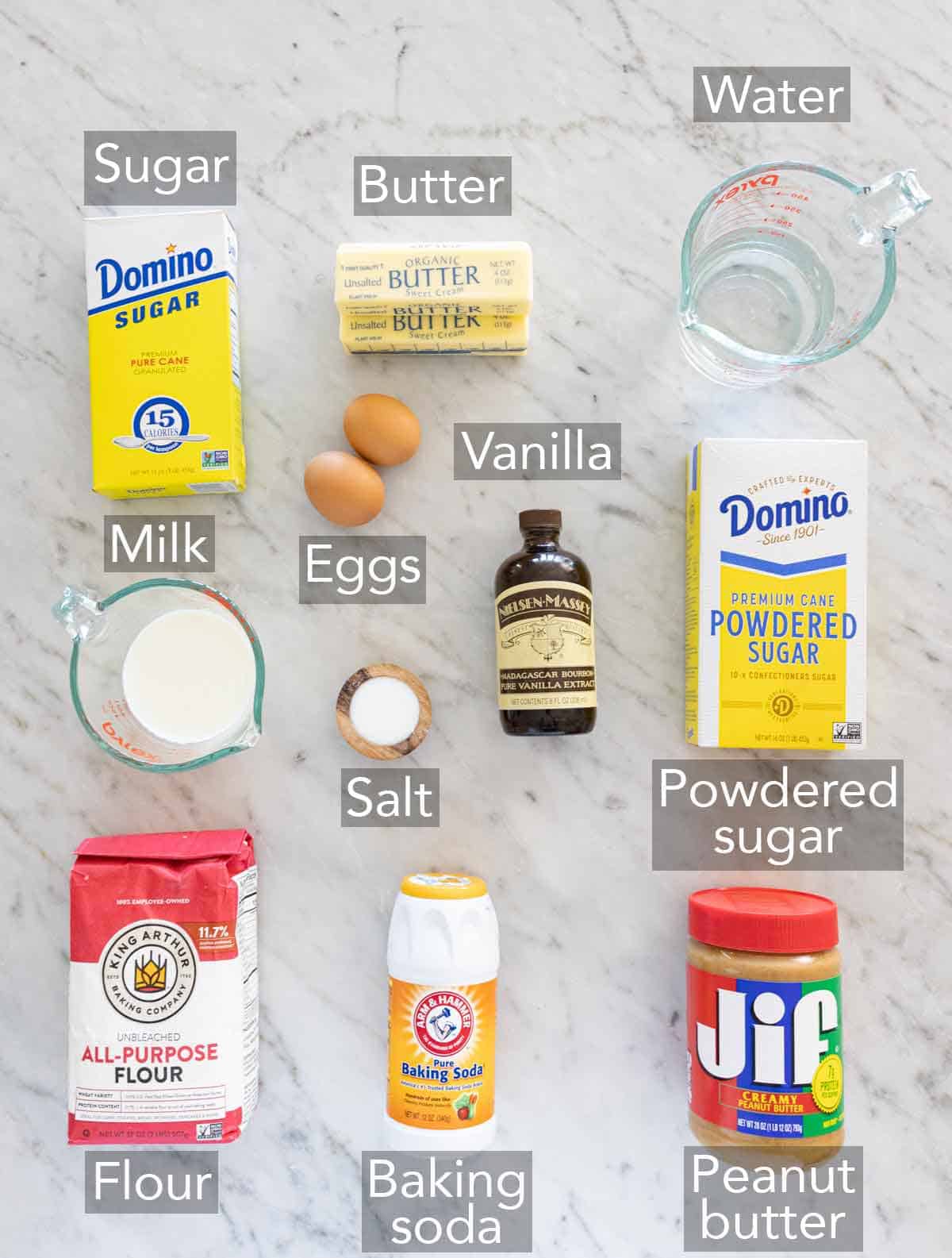 Ingredients needed to make peanut butter cake.