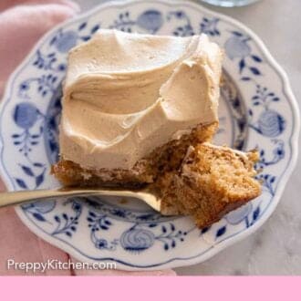 Pinterest graphic of a plate with peanut butter cake with a bite on a fork.