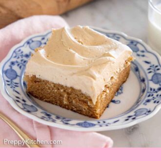 Pinterest graphic of a square slice of peanut butter cake on a plate.