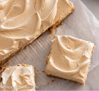 Pinterest graphic of slices of peanut butter cake cut.