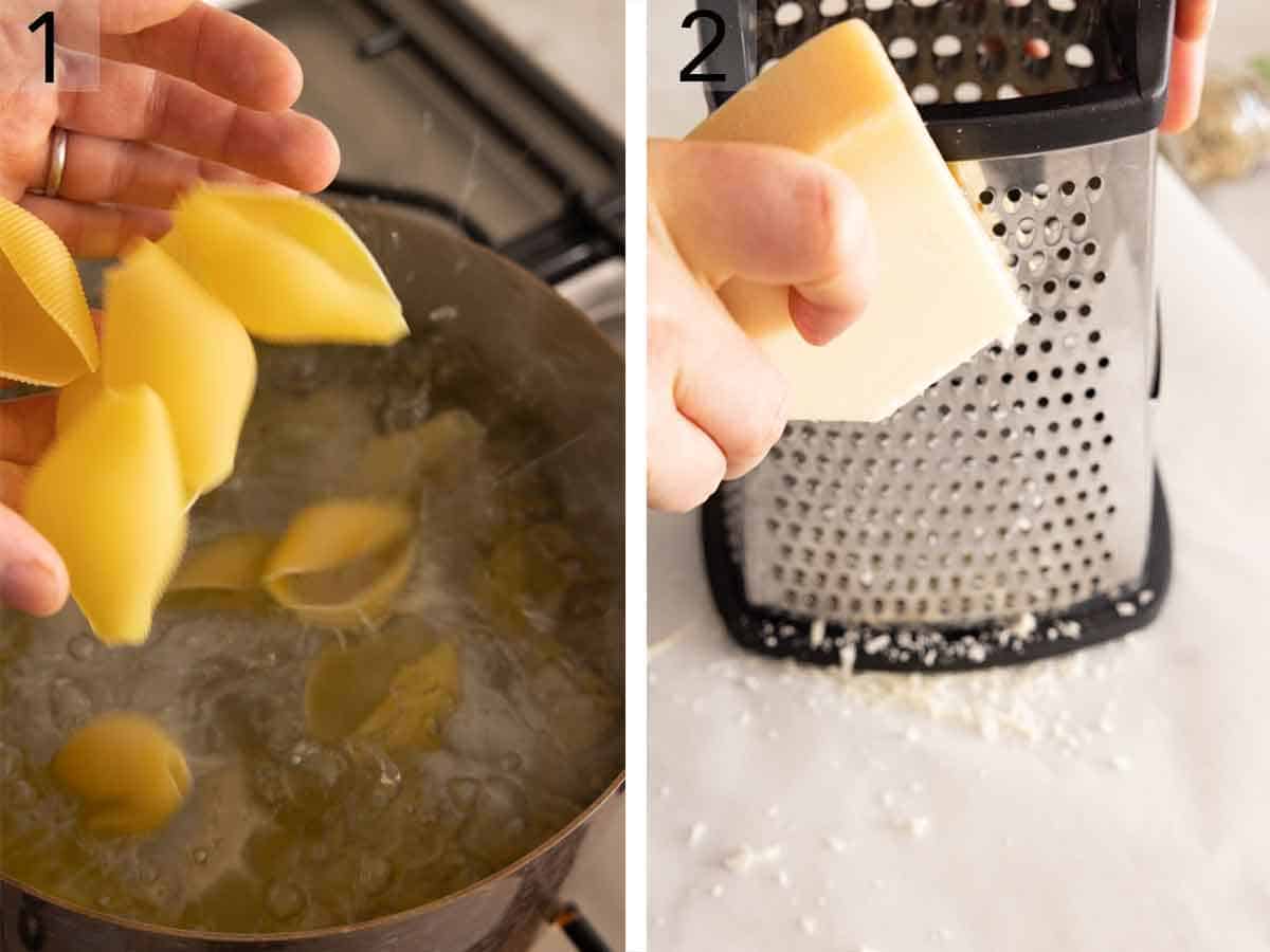 Set of two photos showing pasta boiled in water and cheese grated.