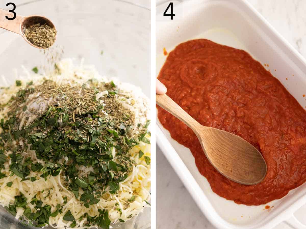 Set of two photos showing cheese mixed with seasoning and sauce spread in a baking dish.