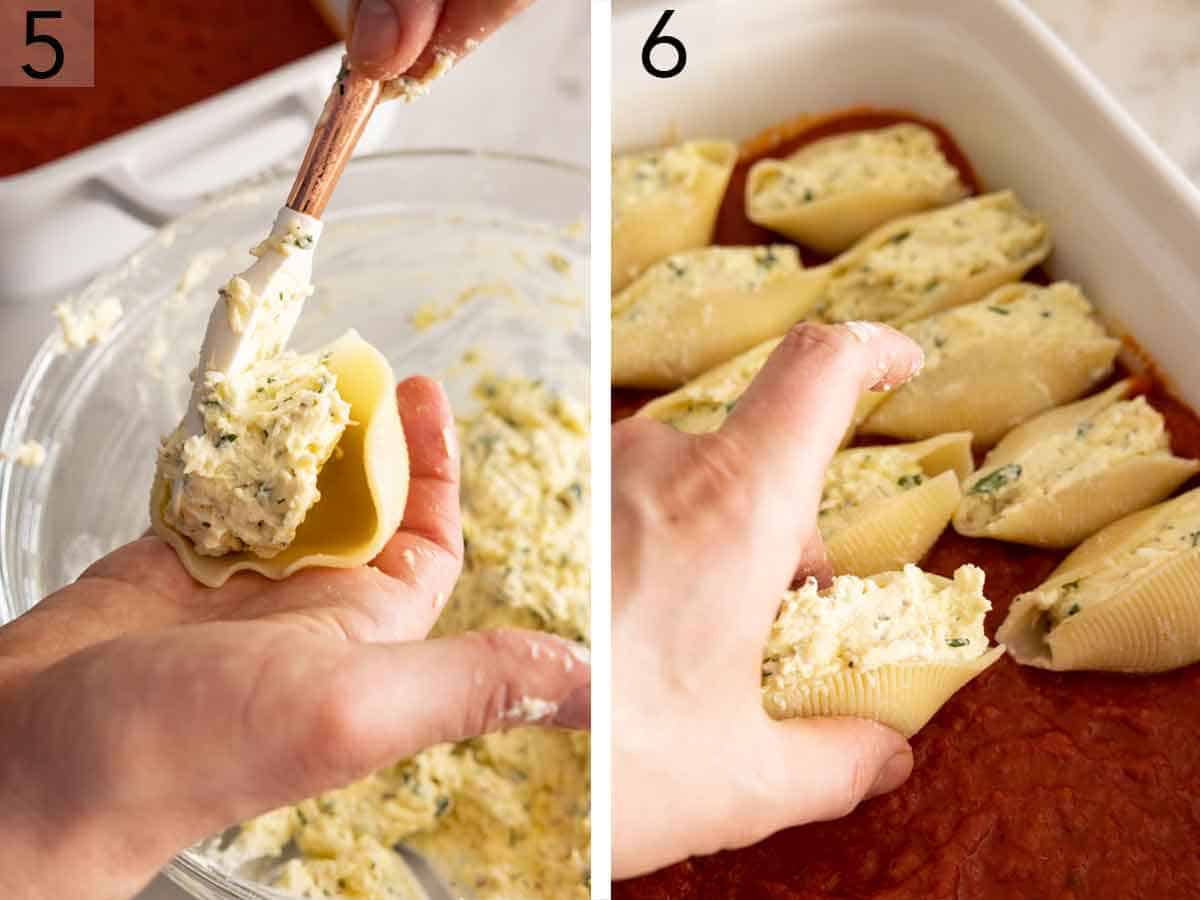 Set of two photos showing pasta filled with a cheese mixture and placed in a baking dish.