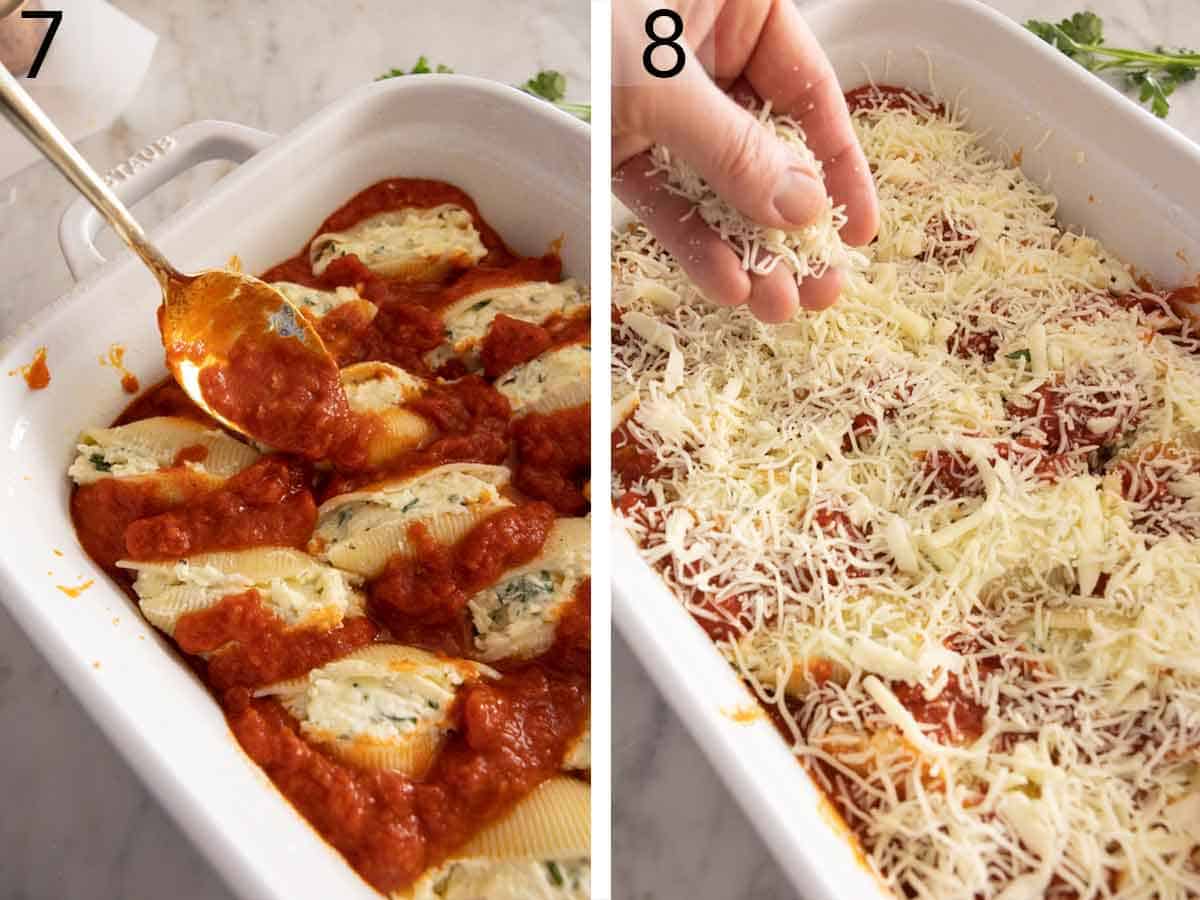 Set of two photos showing sauce and cheese added on top of the pasta.