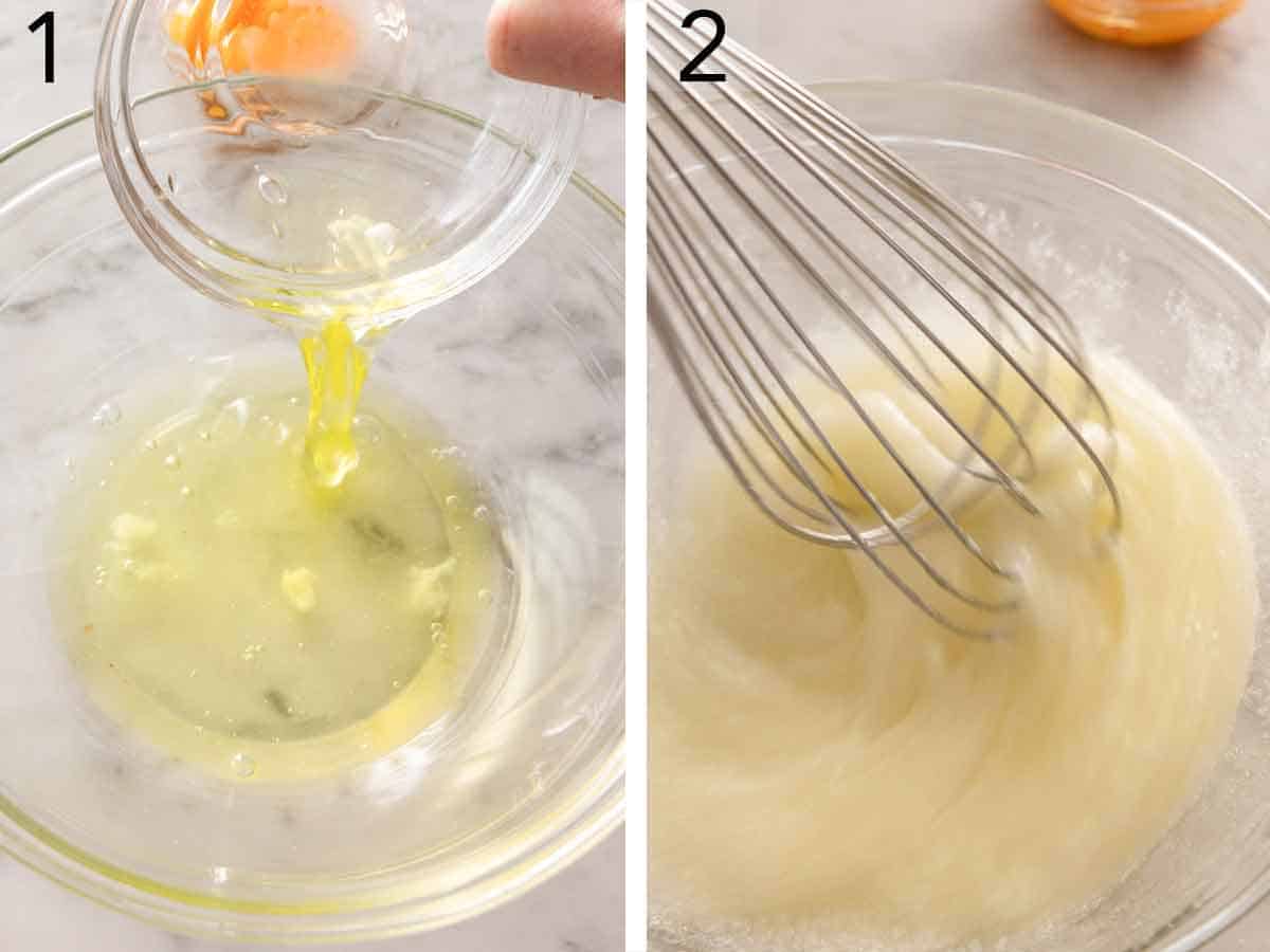 Set of two photos showing egg whites whisked.