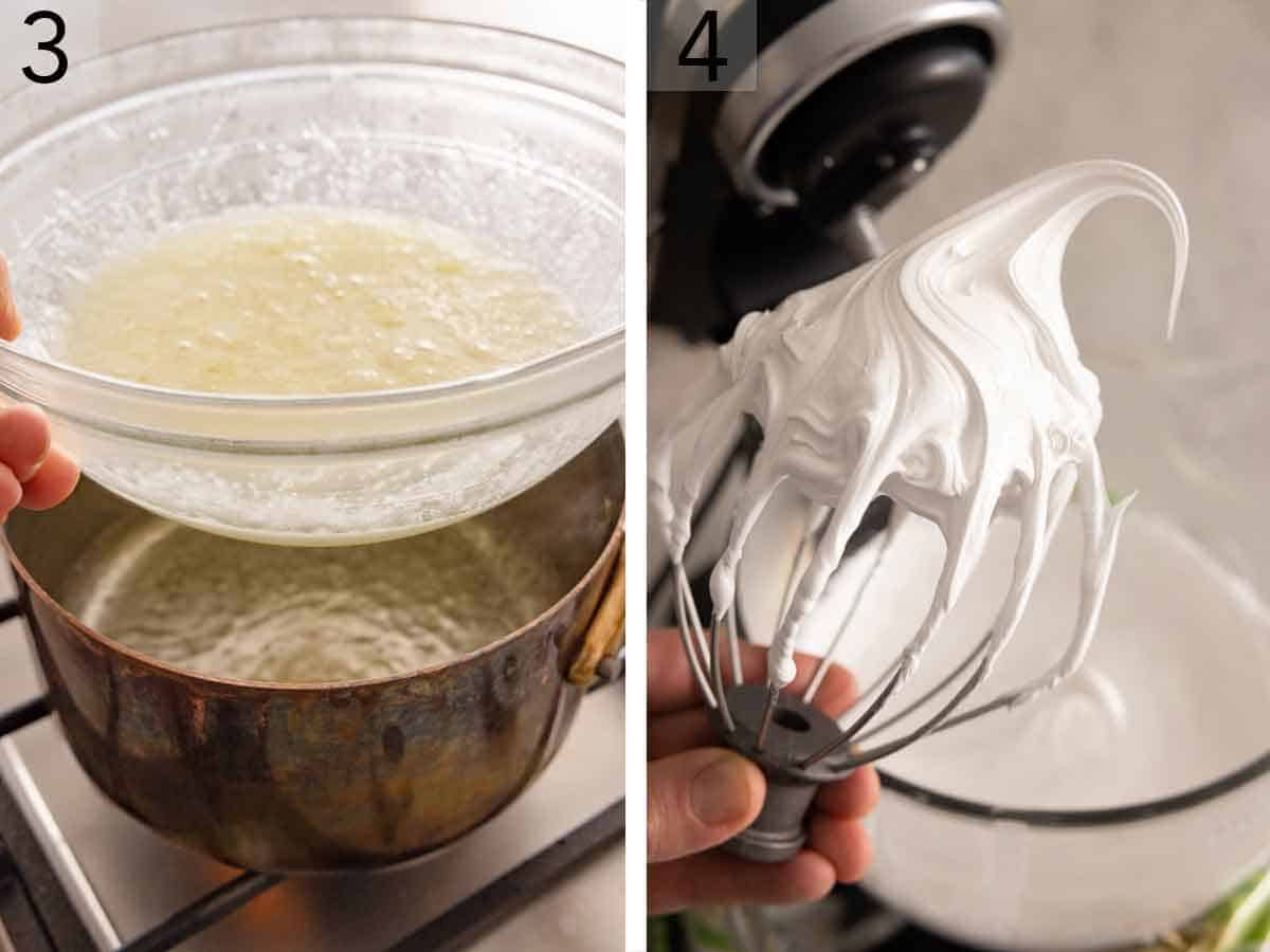 Set of two photos showing egg whites cooked and whipped.