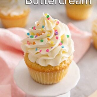 Pinterest graphic of a cupcake with Swiss meringue buttercream on top and sprinkles.