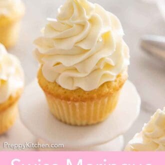 Pinterest graphic of a vanilla cupcake with Swiss meringue buttercream piped on top.