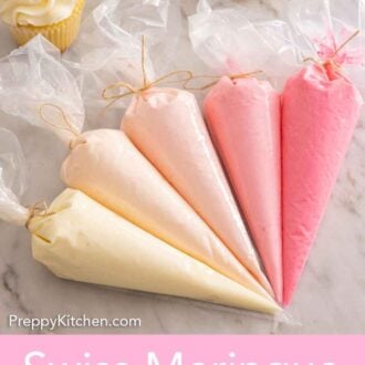 Pinterest graphic of multicolored Swiss meringue buttercream in piping bags.