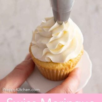 Pinterest graphic of Swiss meringue buttercream piped on to a cupcake.