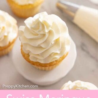 Pinterest graphic of Swiss meringue buttercream on top of a cupcake.
