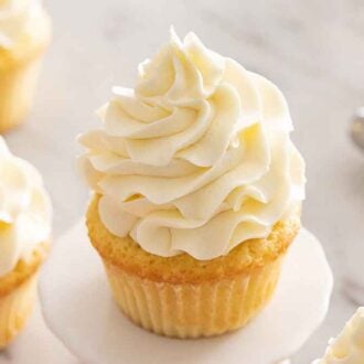 A vanilla cupcake with Swiss meringue buttercream piped on top.