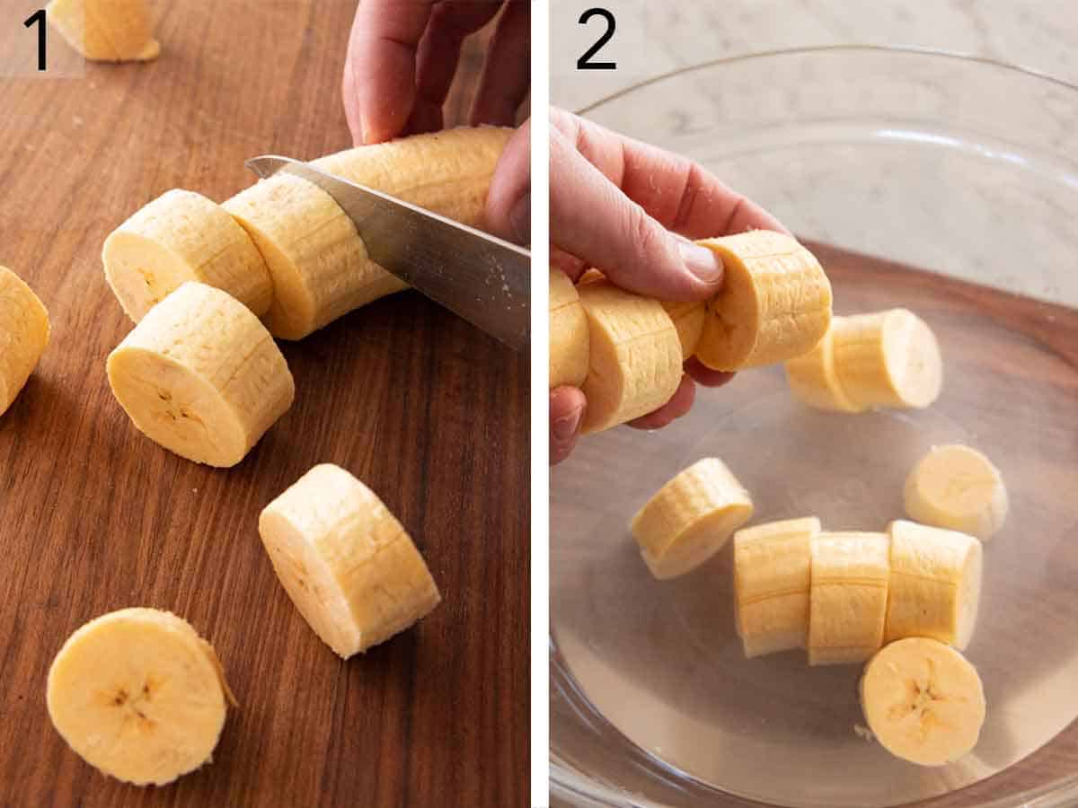 Set of two photos showing plantains cut and placed in a salt brine.