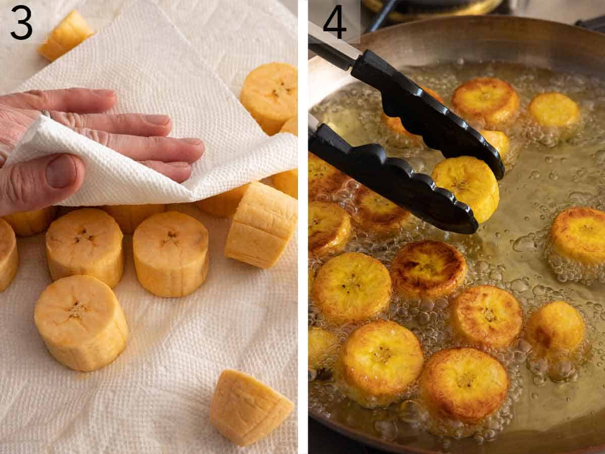 Set of two photos plantains patted dry and fried in oil.