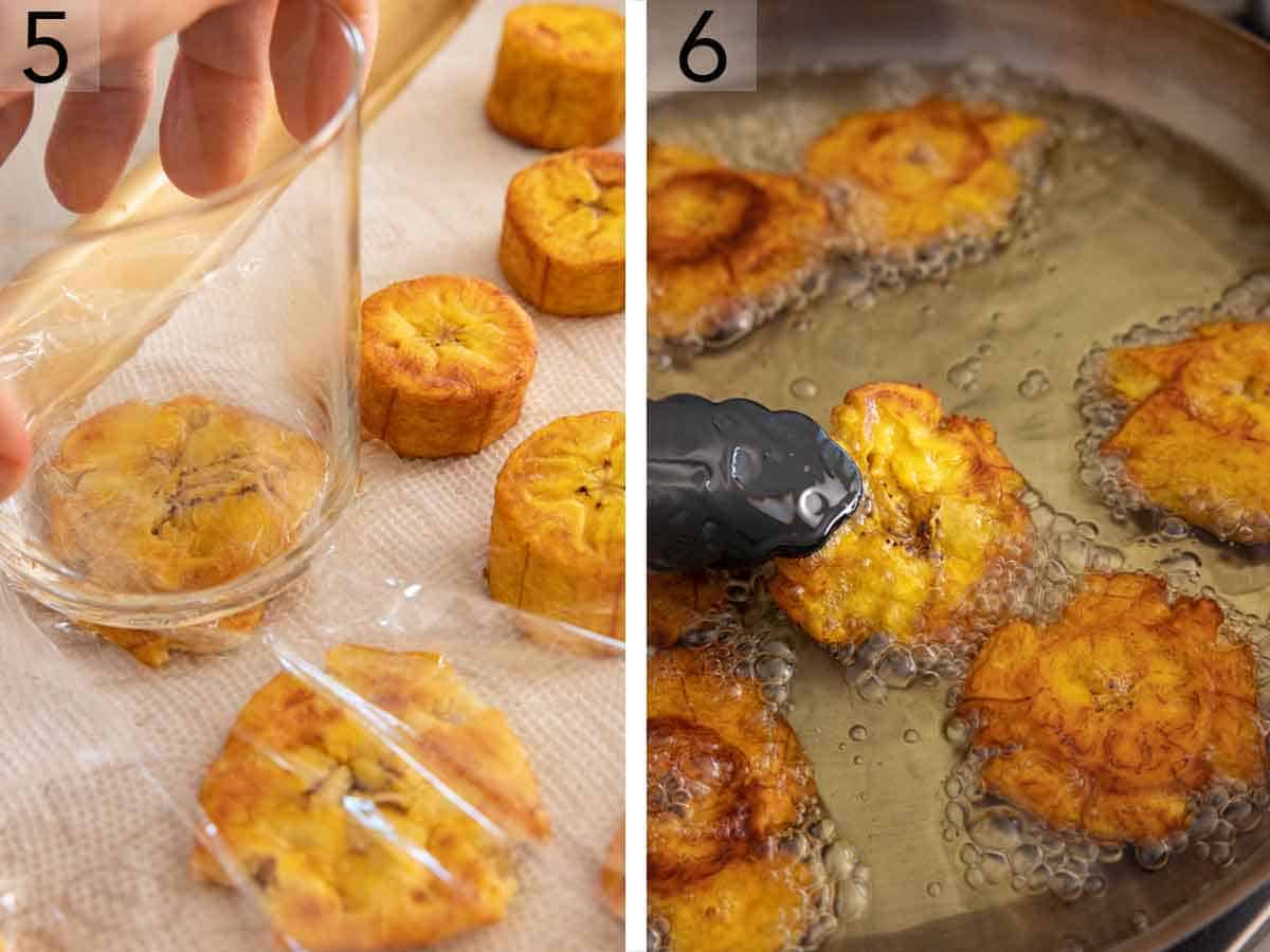 Set of two photos showing fried plantains pressed down on before being fried again.